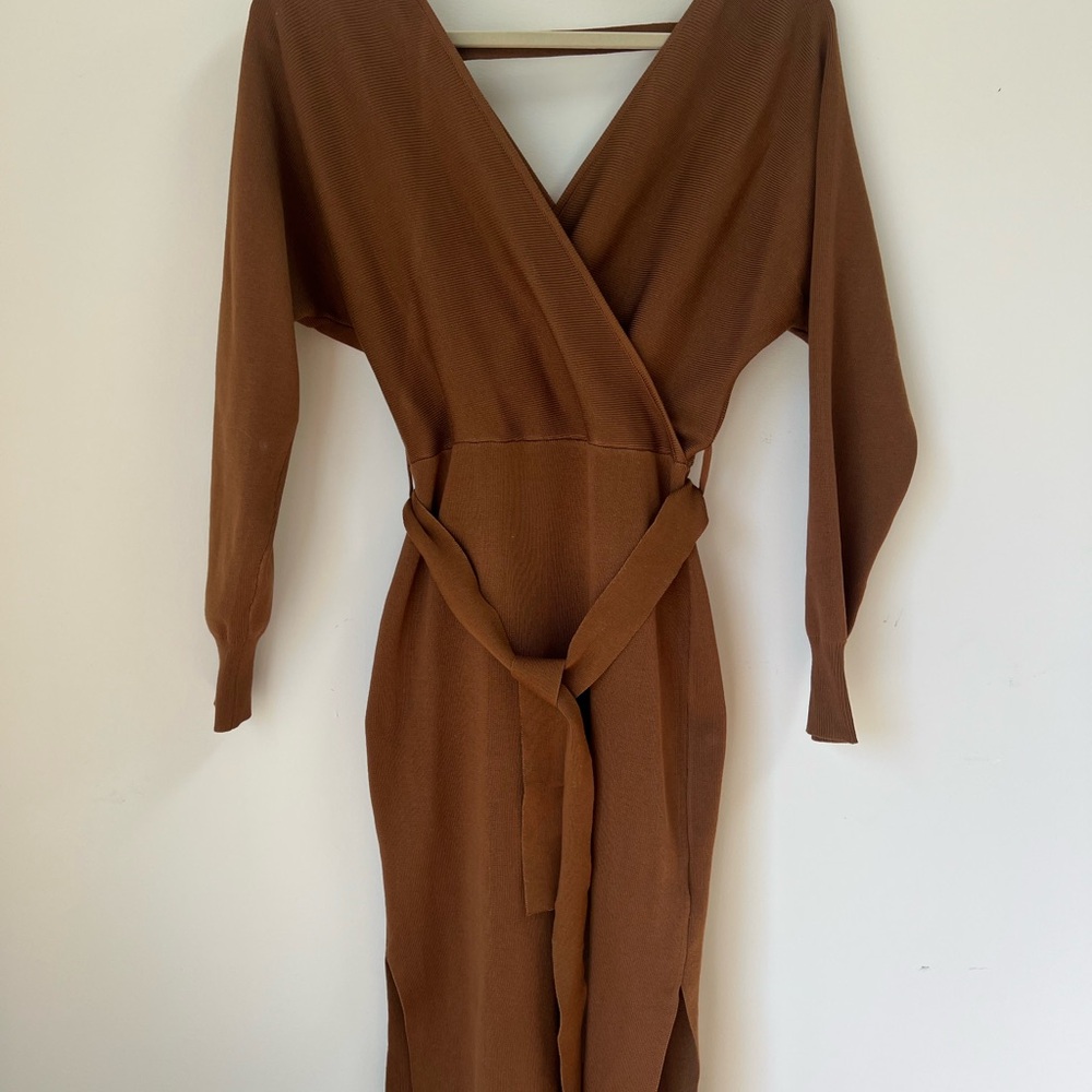 Brown knit Wrap Dress with Belt
